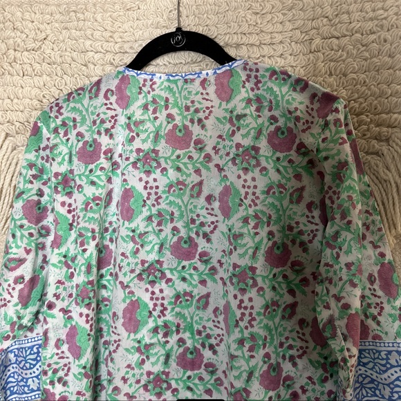 SZ BLOCKPRINTS green / pink floral 3/4 sleeves cotton tunic top M - Picture 9 of 10